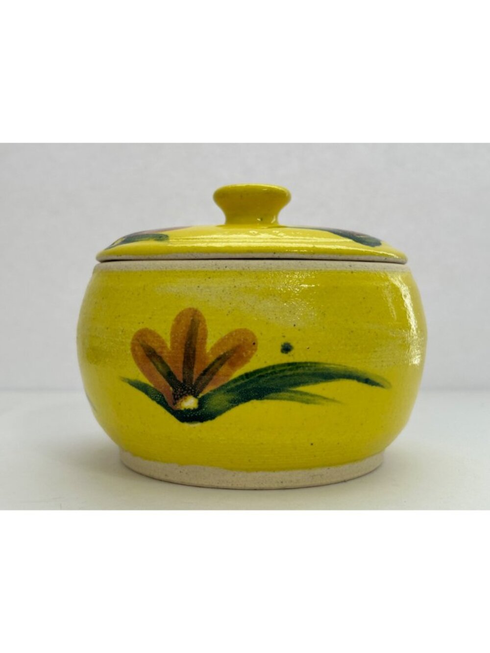Vintage Vibrant Yellow Lidded Pottery Jar Floral Cottagecore Farmhouse Country - Picture 2 of 8